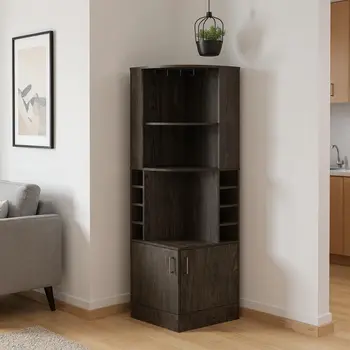71" Dark Brown Wood Corner Bar Cabinet With Two Doors