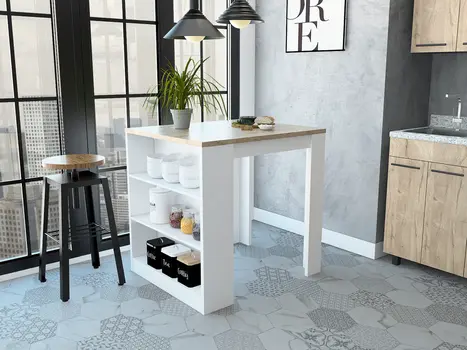 White and Natural 36" Kitchen Island With Storage