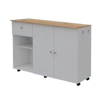 White and Natural 54" Rolling Kitchen Island With Storage