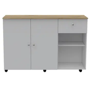White and Natural 54" Rolling Kitchen Island With Storage