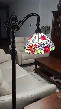 72" Espresso Torchiere Floor Lamp With Green And White Flowers Glass Dome Shade