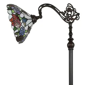 72" Espresso Torchiere Floor Lamp With Green And White Flowers Glass Dome Shade