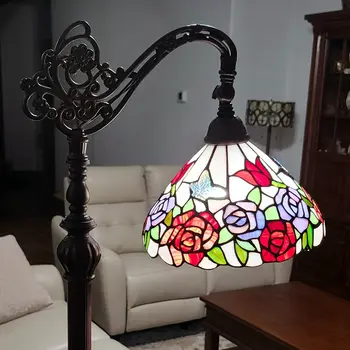 72" Espresso Torchiere Floor Lamp With Green And White Flowers Glass Dome Shade