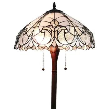 62" Dark Brown Two Light Torchiere Floor Lamp With White Fleur de Lis Glass Dome Shade
