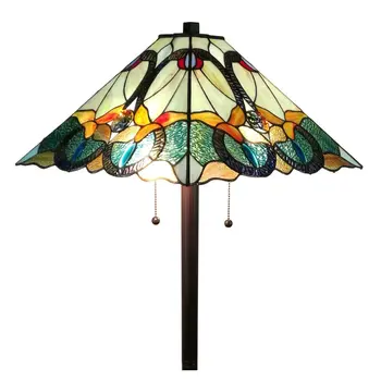 62" Espresso Two Light Torchiere Floor Lamp With Blue Flowers Glass Cone Shade