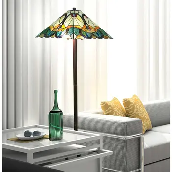 62" Espresso Two Light Torchiere Floor Lamp With Blue Flowers Glass Cone Shade
