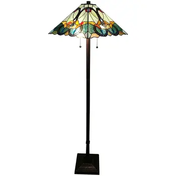 62" Espresso Two Light Torchiere Floor Lamp With Blue Flowers Glass Cone Shade