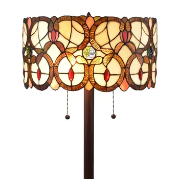 63" Beige Metal Two Light Torchiere Floor Lamp With Red And White Flowers Glass Drum Shade