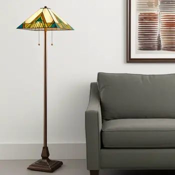 62" Espresso Two Light Torchiere Floor Lamp With Blue And Green Geometric Glass Empire Shade