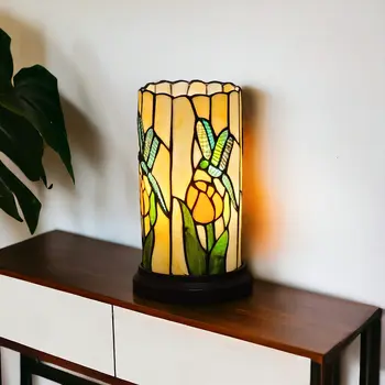 11" Beige and Green Dragonfly Stained Glass Accent Lamp