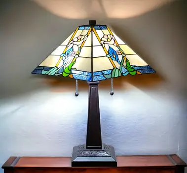 22" Dark Brown Metal Two Light Candlestick Table Lamp With Blue and Beige Shade