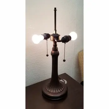 23" Dark Brown Metal Two Light Candlestick Table Lamp With Red and Black Shade