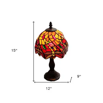15" Dark Brown Metal Candlestick Table Lamp With Red and Black Novelty Shade