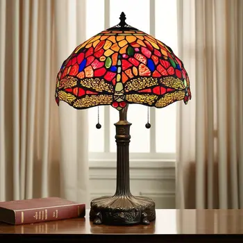 22" Dark Brown Metal Two Light Candlestick Table Lamp With Red and Black Shade