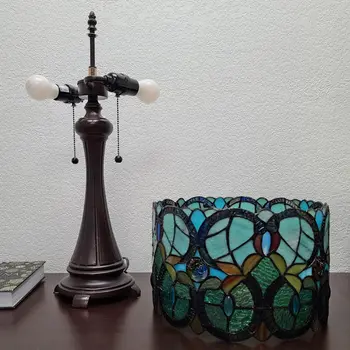22" Dark Brown Metal Two Light Candlestick Table Lamp With Green Shade