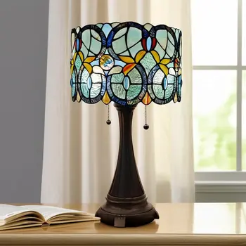 22" Dark Brown Metal Two Light Candlestick Table Lamp With Green Shade