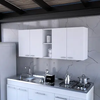 59" White Wood Wall Mounted Accent Cabinet With Four Doors