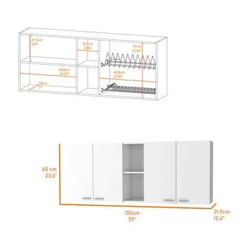 59" White Wood Wall Mounted Accent Cabinet With Four Doors