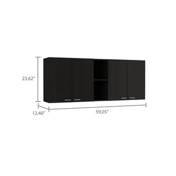 59" Black Wood Wall mounted Accent Cabinet With Five Shelves