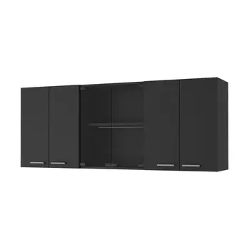 59" Black Wood Wall Mounted China Cabinet With Six Doors