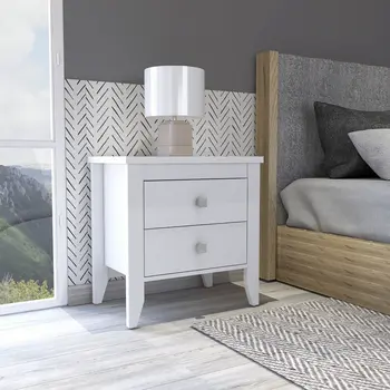 24" White Wood Two Drawer Nightstand
