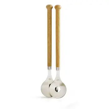 Set of Two Natural Solid Wood And Stainless Steel Salad Servers