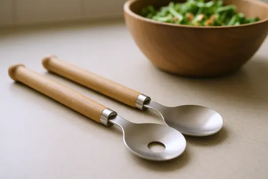 Set of Two Natural Solid Wood And Stainless Steel Salad Servers