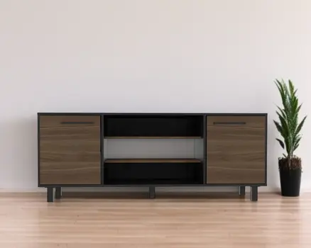 59" Brown And Black Particle Board Open Shelving TV Stand