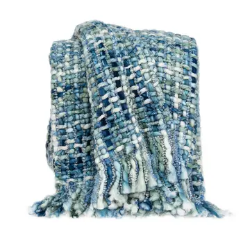 52" X 67" Blue and Green Woven Cotton Blend Throw Blanket with Tassels