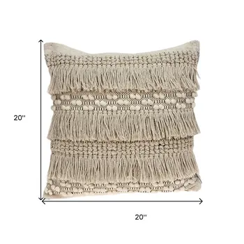 20" Beige Cotton Blend Throw Pillow