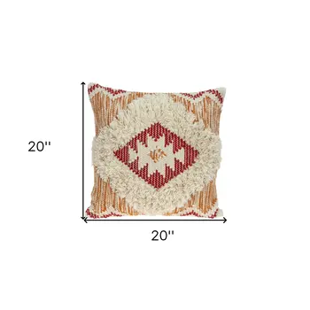 20" Beige and Orange Cotton Blend Throw Pillow With Fringe