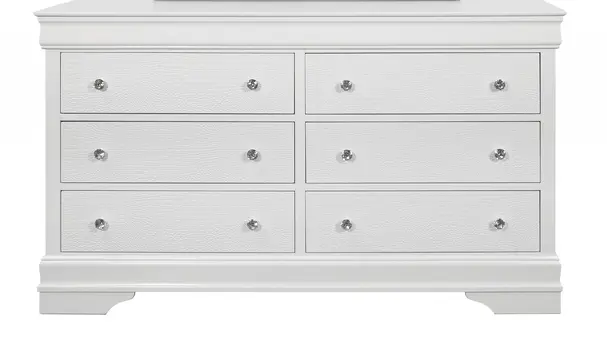 58" Metallic White Solid Wood Six Drawer Double Dresser
