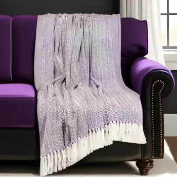 50" X 60" Purple and Ivory Woven Cotton Chevron Throw Blanket with Tassels