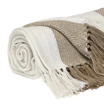 Beige Woven Cotton Striped Throw Blanket