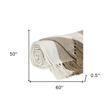 Beige Woven Cotton Striped Throw Blanket