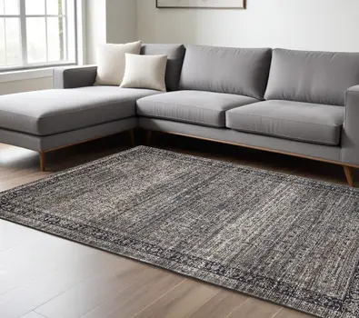 8' X 11' Gray and Ivory Oriental Power Loom Distressed Washable Area Rug