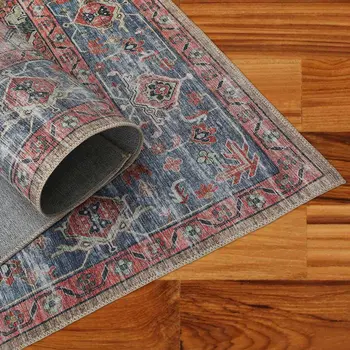 8' X 10' Blue and Ivory Oriental Power Loom Distressed Washable Area Rug