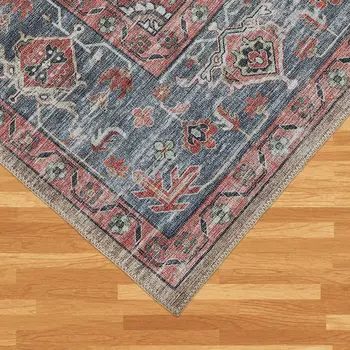 8' X 10' Blue and Ivory Oriental Power Loom Distressed Washable Area Rug