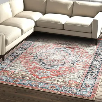 8' X 10' Blue and Ivory Oriental Power Loom Distressed Washable Area Rug