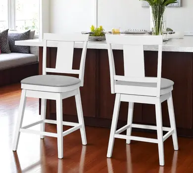 Set of Two 23 " Gray And White Faux Leather And Solid Wood Swivel Counter Height Bar Chairs