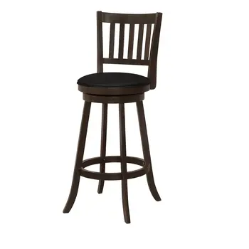 Set of Two 29" Black and Espresso Faux Leather and Solid Wood Bar Height Swivel Bar Chairs
