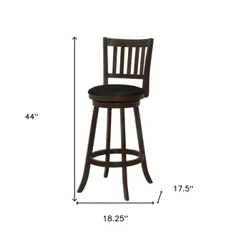 Set of Two 29" Black and Espresso Faux Leather and Solid Wood Bar Height Swivel Bar Chairs