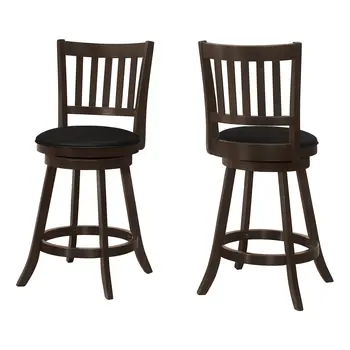 Set of Two 23" Black and Espresso Faux Leather and Solid Wood Counter Height Swivel Bar Chairs