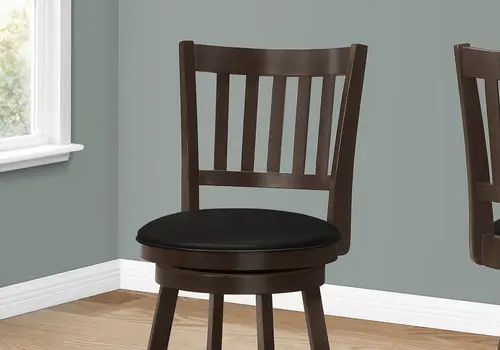 Set of Two 23" Black and Espresso Faux Leather and Solid Wood Counter Height Swivel Bar Chairs