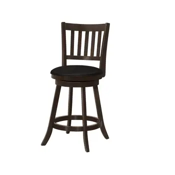Set of Two 23" Black and Espresso Faux Leather and Solid Wood Counter Height Swivel Bar Chairs