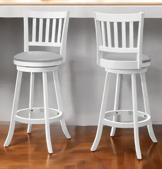 Set of Two 29 " Gray And White Faux Leather And Solid Wood Swivel Bar Height Bar Chairs