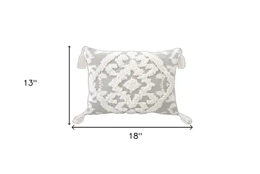 13" X 18" Gray and White Throw Pillow with Tassels