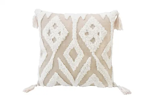 17" X 17" Beige And White Ikat Zippered Polyester Throw Pillow With Tassels