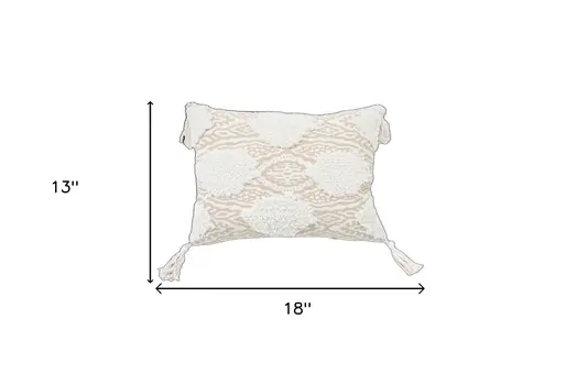 13" X 18" Beige and White Throw Pillow with Tassels