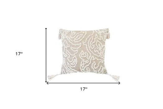 17" Beige and White Throw Pillow with Tassels